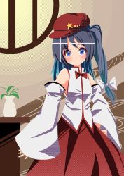 Rule 34 | 1girl, bare shoulders, blue eyes, blue headwear, blush, bow, bowtie, breasts, cabbie hat, closed mouth, commentary request, cowboy shot, detached sleeves, flat cap, hair bow, happy, hat, hat ornament, highres, label girl (dipp), long skirt, long sleeves, looking at viewer, mandarin collar, red bow, red bowtie, red headwear, red skirt, round window, side ponytail, skirt, small breasts, smile, star (symbol), star hat ornament, teruteru12, touhou, vest, white bow, white sleeves, white vest, wide sleeves, window