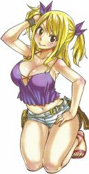 Rule 34 | 1girl, absurdres, artist request, belt, blonde hair, blue ribbon, blush, breasts, brown eyes, cleavage, closed mouth, collarbone, fairy tail, full body, hair ribbon, hair ribbons, hand on leg, hand on own leg, happy, highres, kneeling, large breasts, long hair, looking at viewer, lucy heartfilia, midriff, ribbon, sandals, short shorts, shorts, sitting, smile, solo, tank top, twintails, weapon, whip