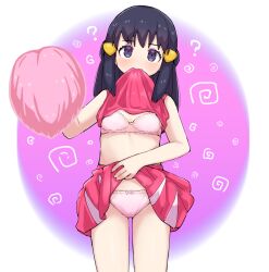 Rule 34 | 1girl, ?, black hair, blush, bra, cheerleader, clothes in mouth, clothes lift, commentary request, creatures (company), dawn (pokemon), eyelashes, game freak, grey eyes, hair ornament, hairclip, hand up, highres, holding, holding pom poms, hypnosis, kutabireta neko, lifted by self, long hair, looking at viewer, mind control, mouth hold, nintendo, panties, pink shirt, pink skirt, pokemon, pokemon (anime), pokemon dppt (anime), pom pom (cheerleading), pom poms, shirt, shirt in mouth, shirt lift, sidelocks, skirt, skirt lift, solo, spiral, underwear