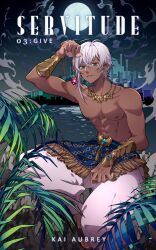 Rule 34 | 1boy, abs, arabian clothes, armor, bare pectorals, barefoot, blue eyes, cityscape, cloud, commentary, commission, cover, cover page, dark-skinned male, dark skin, english commentary, english text, foot out of frame, fringe trim, full moon, gem, gold armor, gold necklace, greaves, hen-tie, highres, holding, holding jewelry, holding necklace, jewelry, looking at viewer, male focus, moon, muscular, muscular male, necklace, night, night sky, nipples, novel cover, ocean, original, outdoors, palm leaf, pants, parted lips, pectorals, puffy pants, red gemstone, short hair with long locks, single sidelock, sitting, sky, smile, smoke, solo, topless male, white hair, white pants