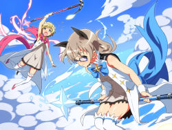 Rule 34 | 2girls, above clouds, animal ears, aoi (houkago no pleiades), aoi (houkago no pleiades) (cosplay), bespectacled, blonde hair, blue eyes, boko (maniacpurple), bow, brave witches, cape, cloud, cosplay, day, earrings, eila ilmatar juutilainen, flying, flying sweatdrops, fox ears, glasses, highres, houkago no pleiades, jewelry, long hair, magical girl, multiple girls, nikka edvardine katajainen, oohashi ayuru, open mouth, purple eyes, voice actor connection, short hair, sky, staff, strike witches, subaru (houkago no pleiades), subaru (houkago no pleiades) (cosplay), tail, takamori natsumi, weasel ears, world witches series