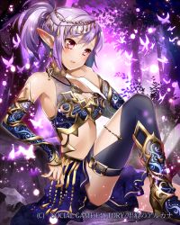 Rule 34 | 1girl, breasts, cleavage, elbow pads, elf, hair ornament, large breasts, navel, official art, original, parted lips, pointy ears, ponytail, purple hair, red eyes, seikon no arcana, sitting, solo, yuzuki kihiro