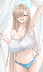 1girl absurdres arm_up armpits asuna_(blue_archive) blue_archive blue_eyes blue_panties blush breasts camisole cleavage collarbone curtains grin hair_over_one_eye highres large_breasts light_brown_hair looking_at_viewer navel panties smile underwear vanko_(vank0a) white_camisole