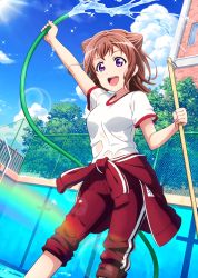 Rule 34 | 10s, 1girl, :d, arm up, bad id, bad pixiv id, bang dream!, blue sky, broom, brown hair, clothes around waist, cloud, cone hair bun, day, empty pool, hair bun, holding, holding broom, holding hose, hose, ink (pixiv25450915), jacket, jacket around waist, leaning forward, looking at viewer, open mouth, outdoors, pants, pool, purple eyes, red jacket, red pants, shirt, short hair, short sleeves, sky, smile, solo, standing, toyama kasumi, track jacket, track pants, wet, wet clothes, wet shirt, white shirt