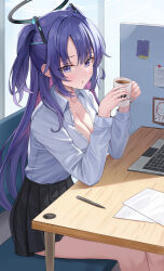 Rule 34 | 1girl, :o, absurdres, black skirt, blue archive, breasts, cleavage, coffee cup, computer, cup, disposable cup, doodle sensei (blue archive), elbow rest, halo, highres, holding, holding cup, kitin, laptop, large breasts, long hair, looking at viewer, paper, pen, purple eyes, purple hair, sensei (blue archive), shirt, skirt, solo, thighs, two side up, very long hair, white shirt, yuuka (blue archive)