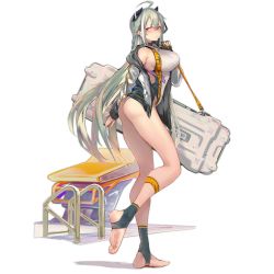 Rule 34 | 1girl, afukuro, aqua hair, ass, bare legs, barefoot, blush, braid, breasts, camera phone, closed mouth, eye piercing, feet, floor, french braid, girls&#039; frontline, hair between eyes, highres, holding case, jacket, large breasts, legs, leotard, long hair, looking at viewer, ltlx 7000 (girls&#039; frontline), ltlx 7000 (night-tide invitation) (girls&#039; frontline), multicolored hair, official art, one-piece swimsuit, open clothes, open jacket, red eyes, revealing clothes, sideboob, skin tight, soles, solo, standing, summer, swimsuit, thighs, thong leotard, toeless legwear, toes, transparent background, viewfinder, weapon case, wedgie, white jacket, white one-piece swimsuit