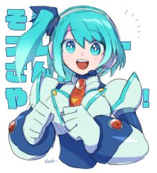 Rule 34 | 1girl, :d, android, aqua eyes, aqua hair, artist name, clenched hands, headset, looking at viewer, mega man (series), mega man x (series), mega man x dive, necktie, open mouth, red necktie, rico (mega man), side ponytail, smile, solo, teeth, upper body, upper teeth only, vani (hisha 04), white background