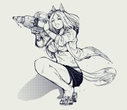 Rule 34 | 1girl, ^ ^, animal ears, bikini, bikini under clothes, bracelet, breasts, carrying over shoulder, cleavage, closed eyes, closed eyes, greyscale, high heels, highres, holding, holding water gun, horse ears, horse girl, horse tail, jacket, jewelry, mame nabe donko, medium breasts, monochrome, narita top road (umamusume), on one knee, open clothes, open jacket, open mouth, ring, sandals, short shorts, short sleeves, shorts, smile, solo, swimsuit, tail, umamusume, v-shaped eyebrows, water gun, wet, wet clothes, wet hair