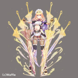 Rule 34 | 1girl, armor, aura, belt, black hairband, black pantyhose, blonde hair, blue eyes, capelet, closed mouth, covered erect nipples, eden&#039;s ritter grenze, eden grenze, frills, glowing, glowing sword, glowing weapon, grey background, hair between eyes, hairband, hand on hilt, heart, heart belt, holding, holding sword, holding weapon, kageshio (276006), light particles, long hair, looking at viewer, maid headdress, multiple swords, navel, official art, outer glow, pantyhose, pauldrons, purple capelet, shoulder armor, simple background, single pauldron, solo, sword, thighhighs, weapon
