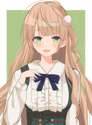Rule 34 | 1girl, absurdres, blue ribbon, blush, braid, center frills, collared shirt, frilled shirt, frills, green eyes, green skirt, hair ornament, hand on own chest, high-waist skirt, highres, indie virtual youtuber, kapuhedo (caplico 77), light brown hair, long hair, long sleeves, looking at viewer, neck ribbon, open mouth, plaid, plaid skirt, pom pom (clothes), pom pom hair ornament, ribbon, shigure ui (vtuber) (casual), shigure ui (vtuber), shirt, side braid, skirt, smile, solo, suspender skirt, suspenders, swept bangs, virtual youtuber, white shirt