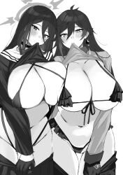 Rule 34 | 2girls, absurdres, bikini, blue archive, blush, breast press, breasts, choker, cleavage, clothes lift, clothes pull, crossover, earrings, frills, genderswap, genderswap (mtf), genshin impact, gloves, greyscale, hair between eyes, halo, hasumi (blue archive), highres, huge breasts, jewelry, lifting own clothes, long hair, looking at viewer, micro bikini, mole, mole under eye, monochrome, mouth hold, mouth pull, multiple girls, nipio, sailor collar, simple background, single earring, swimsuit, zhongli (genshin impact)