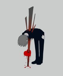 Rule 34 | 1boy, absurdres, apologizing, avogado6, bent over, black jacket, black pants, bleeding, blood, business suit, commentary request, formal, grey background, grey hair, heart out of chest, highres, impaled, jacket, long sleeves, male focus, original, pants, simple background, solo, spikes, suit