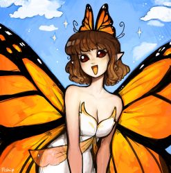 Rule 34 | 1girl, :d, blue sky, blush, breasts, brown eyes, brown hair, butterfly girl, butterfly wings, cleavage, compound eyes, cowboy shot, day, dress, highres, insect wings, looking at viewer, matilda fiship, open mouth, original, outdoors, pointy ears, signature, sky, smile, solo, strapless, strapless dress, white dress, wings