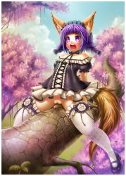 Rule 34 | 1girl, animal ears, arm support, arms behind back, bad id, bad pixiv id, bare shoulders, braid, branch, crotch rub, dog ears, dress, elin, emperpep, female masturbation, gloves, leaning back, long hair, maid, mary janes, masturbation, no panties, open mouth, purple eyes, purple hair, pussy, saliva, shoes, short dress, solo, straddling, tail, tera online, thighhighs, tree, twin braids, twintails, white thighhighs