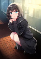 Rule 34 | 1girl, :t, bad id, bad pixiv id, black footwear, black sailor collar, black serafuku, black skirt, blush, brown hair, closed mouth, commentary request, full body, green eyes, hair between eyes, hands up, highres, loafers, long sleeves, looking at viewer, minami saki, original, pleated skirt, pout, revision, sailor collar, school uniform, serafuku, shoes, skirt, sleeves past wrists, solo, squatting