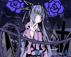 Rule 34 | 00s, 1girl, barasuishou, copyright name, eyepatch, flower, hair ornament, kabocha, kabocha (monkey4), long hair, looking at viewer, outstretched hand, purple hair, rose, rozen maiden, solo, yellow eyes