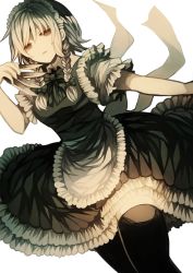 Rule 34 | 1girl, apron, bad id, bad pixiv id, between fingers, black dress, black thighhighs, bow, bowtie, braid, dress, dutch angle, frilled dress, frills, green bow, green bowtie, grey ribbon, hair bow, highres, holding, holding knife, izayoi sakuya, knife, knives between fingers, looking at viewer, namakuby, parted lips, red eyes, short hair with long locks, short sleeves, silver hair, simple background, solo, thighhighs, touhou, twin braids, white apron, white background