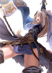 Rule 34 | 10s, 1girl, akita hika, arm up, bad id, bad twitter id, belt, belt skirt, blonde hair, blue dress, blue eyes, blue gloves, boots, breasts, brown skirt, commentary, dress, flag, floating hair, flower, from below, gloves, granblue fantasy, grey panties, hair flower, hair ornament, highres, holding, holding flag, holding sword, holding weapon, jeanne d&#039;arc (granblue fantasy), long hair, long sleeves, medium breasts, open mouth, panties, pantyshot, simple background, skirt, solo, standing, sword, teeth, thigh boots, thighhighs, underwear, unsheathed, weapon, white background, white flower