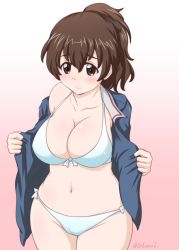 Rule 34 | 1girl, artist name, bikini, bikini under clothes, black ribbon, blue jacket, blush, breasts, brown eyes, brown hair, cameltoe, cleavage, closed mouth, commentary, cowboy shot, curvy, front-tie bikini top, front-tie top, girls und panzer, gradient background, hair ribbon, jacket, koyama yuzu, large breasts, long sleeves, looking at viewer, medium hair, military, military uniform, navel, no pants, off-shoulder shirt, off shoulder, one-hour drawing challenge, ooarai military uniform, open clothes, open jacket, opened by self, pink background, ribbon, shiny skin, shirt, short ponytail, side-tie bikini bottom, signature, smile, solo, standing, swimsuit, thighs, thong, thong bikini, uniform, white bikini, wide hips, yts takana