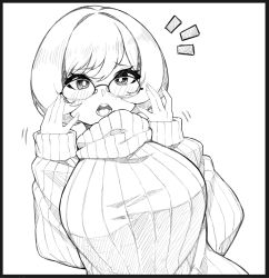 Rule 34 | 1girl, :o, black border, border, breasts, bright pupils, glasses, greyscale, hands on own face, head tilt, large breasts, looking at viewer, monochrome, open mouth, original, ribbed sweater, short hair, sleeves past wrists, solo, surprised, sweater, turtleneck, turtleneck sweater, white background, white pupils, yanafian