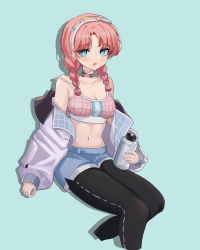 Rule 34 | 1girl, :o, absurdres, arknights, bare shoulders, black pants, blue background, blue eyes, blue poison (arknights), blue poison (shoal beat) (arknights), blue shorts, blush, braid, breasts, choker, cleavage, commentary, crop top, cropped legs, female focus, grey jacket, hairband, highres, jacket, leggings, leggings under shorts, long hair, long sleeves, looking at viewer, medium breasts, midriff, navel, off shoulder, official alternate costume, open clothes, open jacket, open mouth, pants, pantyhose, pink choker, pink hair, short shorts, shorts, simple background, sitting, solo, spaghetti strap, sports bra, stomach, strap slip, thighs, twin braids, w-mishka