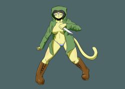 Rule 34 | 1girl, artist request, boots, cat, copyright request, furry, green eyes, highres, hoodie, knife, panties, underwear, white hair