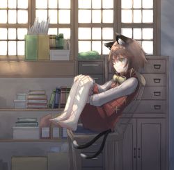 Rule 34 | 1girl, animal ears, blush, book, bow, bowtie, brown hair, cat ears, cat tail, chair, chen, chest of drawers, closed mouth, expressionless, from side, full body, green hat, hair between eyes, hand on own leg, hat, highres, indoors, kibisake, light, long sleeves, mob cap, multiple tails, shelf, short hair, sitting, solo, tail, touhou, two tails, unworn hat, unworn headwear, window, yellow bow, yellow bowtie, yellow eyes