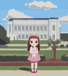 Rule 34 | 1girl, blue sky, bow, brown eyes, brown hair, building, child, cloud, dress, expressionless, hair bow, holding, holding stuffed toy, idolmaster, idolmaster (classic), long hair, looking at viewer, minase iori, outdoors, pink bow, pink dress, pxllb, sky, solo, stuffed animal, stuffed rabbit, stuffed toy