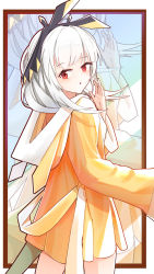 Rule 34 | 1girl, alternate costume, arknights, arms up, commentary request, cowboy shot, dress, grey hair, hair ornament, highres, long hair, long sleeves, looking at viewer, mirror, orange dress, parted lips, red eyes, reflection, solo, weedy (arknights), white hair, ziyu zi kong fang
