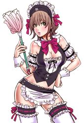 Rule 34 | 1girl, apron, armband, breasts, brown hair, cleavage, contrapposto, duster, green eyes, hand on own hip, highres, maid, maid headdress, medium breasts, nail polish, original, pink lips, pink nails, shiny skin, solo, standing, thighhighs, waist apron, white background, wrist cuffs, yamashita shun&#039;ya