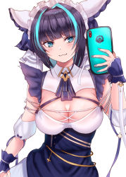 Rule 34 | 1girl, :3, akuakuran, animal ears, apron, azur lane, blue eyes, breasts, cellphone, cheshire (azur lane), detached sleeves, dress, fake animal ears, frilled hairband, frilled ribbon, frills, hairband, holding, holding phone, long ribbon, maid, medium breasts, multicolored hair, nail polish, phone, puffy detached sleeves, puffy sleeves, purple apron, purple hair, ribbon, selfie, simple background, smartphone, smartphone case, solo, streaked hair, two-tone hair, white background, white dress, wrist cuffs