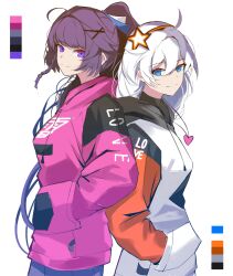 Rule 34 | 2girls, absurdres, ahoge, alternate costume, blue eyes, closed mouth, commentary, english commentary, hair between eyes, hair ornament, hand in pocket, heart, height difference, highres, honkai (series), honkai impact 3rd, kiana kaslana, kiana kaslana (white comet), long hair, looking at viewer, multiple girls, purple eyes, raiden mei, simple background, smile, sparks summer, standing, star (symbol), star hair ornament, upper body, white background, white hair, x hair ornament