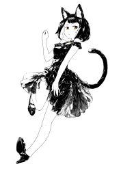 Rule 34 | 1girl, animal ear fluff, animal ears, bare shoulders, black dress, black hair, blunt bangs, cat ears, cat tail, choker, commentary request, dress, frilled dress, frills, full body, greyscale, halterneck, hand up, high heels, highres, jaco, layered dress, leg up, looking at viewer, looking to the side, monochrome, no socks, off-shoulder dress, off shoulder, original, short hair, skirt, skirt hold, sleeveless, slit pupils, solo, spot color, tail, white background, yellow eyes