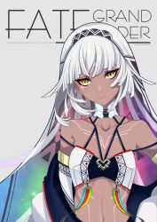 Rule 34 | 1girl, absurdres, altera (fate), artist name, bare shoulders, blush, breasts, closed mouth, collarbone, commentary request, copyright name, dark skin, dark-skinned female, english text, eyebrows hidden by hair, eyelashes, fate/grand order, fate (series), grey background, highres, long hair, looking at viewer, navel, red eyes, simple background, small breasts, smile, solo, upper body, veil, very long hair, white hair, yuuta (yuuta0312)