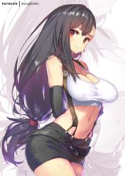 Rule 34 | 1girl, arms behind back, black hair, black skirt, blush, breasts, closed mouth, earrings, elbow pads, final fantasy, final fantasy vii, fingerless gloves, gloves, hong (white spider), jewelry, large breasts, long hair, looking at viewer, low-tied long hair, midriff, navel, pencil skirt, red eyes, shirt, skirt, smile, solo, suspender skirt, suspenders, tank top, taut clothes, taut shirt, tifa lockhart, white tank top