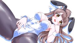 Rule 34 | 1girl, animal ears, bare shoulders, black pantyhose, bow, bowtie, breasts, brown eyes, brown hair, cleavage, commentary request, detached collar, hair bow, highres, leotard, long hair, looking at viewer, love live!, lying, medium breasts, minami kotori, one side up, open mouth, pantyhose, playboy bunny, rabbit ears, round teeth, simple background, solo, spread legs, strapless, strapless leotard, teeth, upper teeth only, white background, white bow, white bowtie, white leotard, wrist cuffs, yukimura hajime