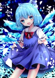 Rule 34 | 1girl, :d, blue bow, blue dress, blue eyes, blue hair, blurry, blurry background, bow, cirno, collared shirt, depth of field, dress, fang, hair between eyes, hair bow, ice, ice wings, looking at viewer, nanase nao, open mouth, puffy short sleeves, puffy sleeves, red bow, shirt, short sleeves, skirt hold, sleeveless, sleeveless dress, smile, solo, touhou, white shirt, wings