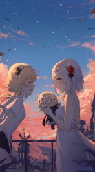Rule 34 | 2girls, absurdres, arms behind back, black hairband, black skirt, blonde hair, blue sky, breasts, character doll, chinese commentary, closed eyes, cloud, commentary request, doll, dress, flower, from side, genshin impact, green eyes, hair flower, hair ornament, hairband, heart, highres, holding, holding doll, leaning forward, looking at another, lumine (genshin impact), medium hair, multiple girls, noelle (genshin impact), open mouth, outdoors, parted lips, pleated skirt, profile, red flower, red rose, rose, shirt, short hair with long locks, short sleeves, silver hair, skirt, sky, sleeveless, sleeveless dress, white dress, white shirt, yajuu, yuri