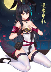 Rule 34 | 1girl, alternate costume, animal ears, arknights, armband, asymmetrical gloves, bare arms, bare shoulders, belt, black choker, black footwear, black gloves, black hair, black hairband, blush, breasts, brown eyes, chinese commentary, choker, commentary request, fake animal ears, fingerless gloves, full moon, gloves, groin, hair between eyes, hairband, heart, heart hands, leotard, lieyan huangzi, long hair, looking at viewer, medium breasts, mismatched gloves, moon, night, night sky, outdoors, petals, playboy bunny, pouch, purple belt, purple gloves, rabbit ears, shoes, sidelocks, sitting, sky, smile, solo, star (sky), starry sky, strapless, strapless leotard, tail, texas (arknights), thighhighs, thighs, translation request, wariza, white thighhighs, wolf ears, wolf tail