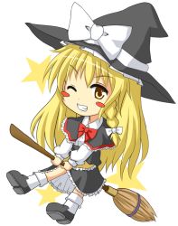 Rule 34 | 1girl, bad id, bad pixiv id, blonde hair, blush stickers, bow, bowtie, braid, broom, broom riding, capelet, female focus, hat, kirisame marisa, long hair, looking at viewer, nowheresoul, one eye closed, red bow, red bowtie, simple background, single braid, solo, straddling, touhou, upright straddle, very long hair, white background, wink, witch, witch hat