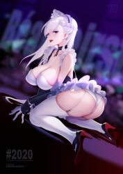 Rule 34 | 1girl, ass, azur lane, bare shoulders, belfast (azur lane), blue eyes, breasts, chain, collarbone, commentary request, frills, garter straps, high heels, highres, huge breasts, long hair, maid headdress, panties, rekaerb maerd, skindentation, smile, solo, thick thighs, thighhighs, thighs, tongue, underwear, white hair, white panties, white thighhighs