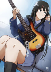 Rule 34 | 1girl, akiyama mio, artist name, bass guitar, black eyes, black hair, black socks, blazer, blue jacket, blue ribbon, closed mouth, collared shirt, commentary request, couch, gabuillust, grey skirt, highres, hime cut, holding, holding instrument, instrument, jacket, k-on!, kneehighs, long hair, long sleeves, looking to the side, neck ribbon, pleated skirt, ribbon, shadow, shirt, sidelocks, sitting, skirt, socks, solo, watermark, white shirt, winter uniform