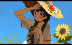 Rule 34 | 1girl, absurdres, black hair, blue sky, blunt bangs, blurry, blurry background, braid, can, commentary request, day, flower, hand on own head, hat, highres, holding, holding can, long hair, medium hair, nijisanji, outdoors, plant, purple eyes, sen (sennosenn1127), shirt, sky, solo, straw hat, strong zero, summer, sunflower, t-shirt, tsukino mito, twin braids, virtual youtuber, white shirt
