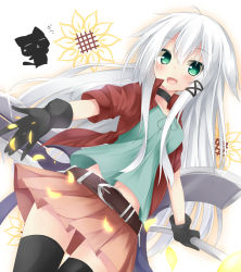 Rule 34 | 1girl, anceril sacred, black thighhighs, blush, cat, chabaneko, gloves, green eyes, long hair, looking at viewer, open mouth, original, skirt, smile, solo, tarutaru22, thighhighs, very long hair, weapon
