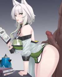 Rule 34 | 1boy, 1girl, absurdres, animal ear fluff, animal ears, arknights, arm support, bare shoulders, bent over, book, cat ears, censored, clothed female nude male, coat, commentary, dark-skinned male, dark skin, dress, english commentary, erection, green dress, green eyes, grey background, highres, holding, kal&#039;tsit (arknights), kanta (kanta 077), kettle, long hair, long sleeves, mosaic censoring, nude, off shoulder, open mouth, penis, solo focus, thick thighs, thighs, white coat, white hair