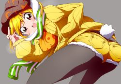 Rule 34 | 1girl, animal ears, ass, black pantyhose, blonde hair, bwell, commentary request, green scarf, hat, orange shirt, pantyhose, pantyhose under shorts, rabbit ears, rabbit tail, ribbed sweater, ringo (touhou), scarf, shirt, short shorts, shorts, solo, standing, sweater, tail, teeth, touhou, upper teeth only, yellow shorts, yellow sweater