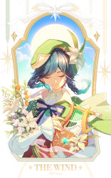 Rule 34 | 1boy, bard, beret, black hair, blue hair, braid, cape, closed eyes, collared cape, commentary request, corset, cuviq, flower, frilled sleeves, frills, genshin impact, gradient hair, green cape, green hat, hat, hat flower, highres, juliet sleeves, korean commentary, long sleeves, lyre, male focus, multicolored hair, puffy sleeves, shirt, short hair with long locks, smile, solo, twin braids, venti (genshin impact), white flower, white shirt