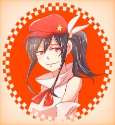Rule 34 | 1girl, bare shoulders, black hair, breasts, cabbie hat, closed mouth, dolls in pseudo paradise, face, flat cap, hat, label girl (dipp), medium breasts, ponytail, purple eyes, red headwear, red neckwear, rokki hero, short hair, star (symbol), touhou, vest, white sleeves, white vest