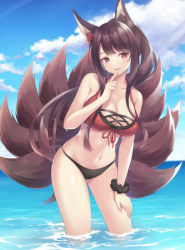 Rule 34 | 1girl, :d, akagi (azur lane), akagi (paradise amaryllis) (azur lane), animal ears, arm support, azur lane, bare shoulders, bent over, bikini, blunt bangs, blurry, breasts, brown hair, cleavage, collarbone, commentary request, depth of field, eyeshadow, finger to mouth, flower, fox ears, fox girl, fox tail, hair flower, hair ornament, highres, horizon, index finger raised, kitsune, kyuubi, large breasts, long hair, looking at viewer, makeup, midriff, multiple tails, navel, official alternate costume, open mouth, red bikini, red eyes, sakuba nao, sidelocks, smile, solo, standing, swimsuit, tail, wet, wet clothes, wet swimsuit, wrist cuffs