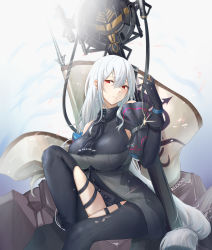 Rule 34 | 1girl, absurdres, arknights, arm cuffs, artist name, ascot, black ascot, black gloves, black pants, black shirt, breasts, chinese commentary, clothing cutout, commentary request, feet out of frame, flag, gloves, highres, holding, holding jewelry, holding necklace, jewelry, kerxeno, knee up, large breasts, long hair, looking at viewer, low-tied long hair, necklace, pants, red eyes, rock, shirt, silver hair, sitting, skadi (arknights), skadi (elite ii) (arknights), sleeveless, sleeveless shirt, solo, sword, very long hair, weapon